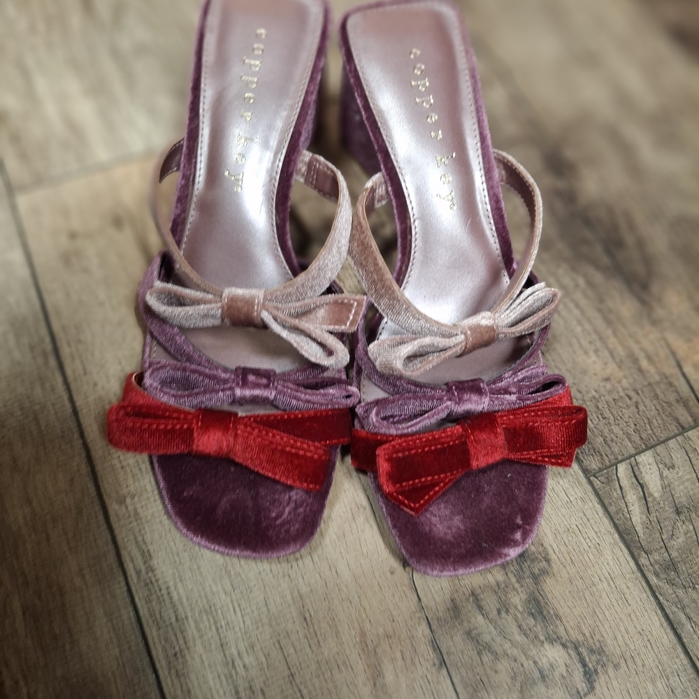 Copper Key Velvet Heels with Red and Pink Bows